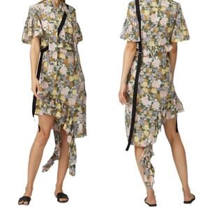 Rokh Womens Slit Frill Dress Multicolor Floral Short Sleeve Asymmetric S…